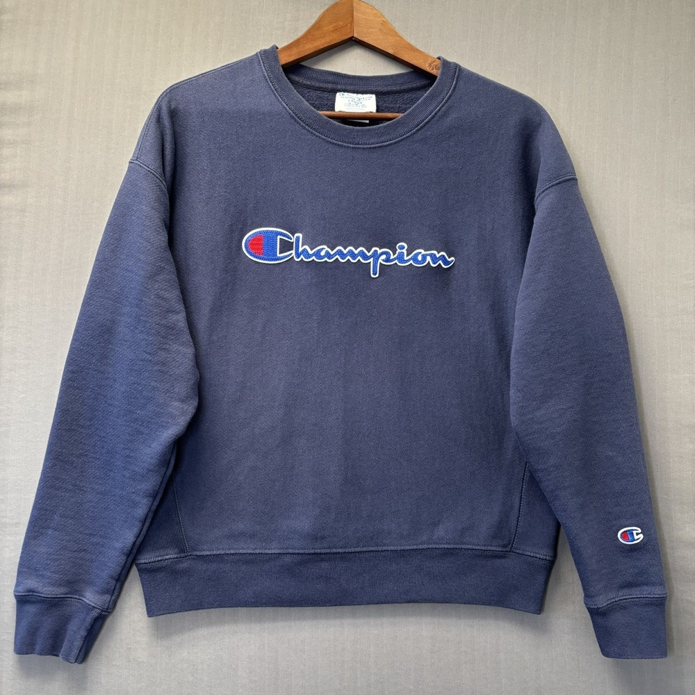 Champion Reverse Weave Sweatshirt Mens Large Navy Blue Embroidered Script Logo